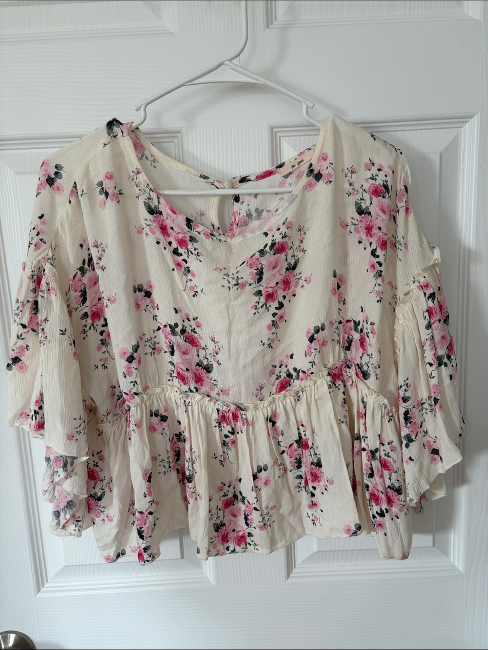 miami Cream Floral Ruffled Peasant Blouse with Pink Roses